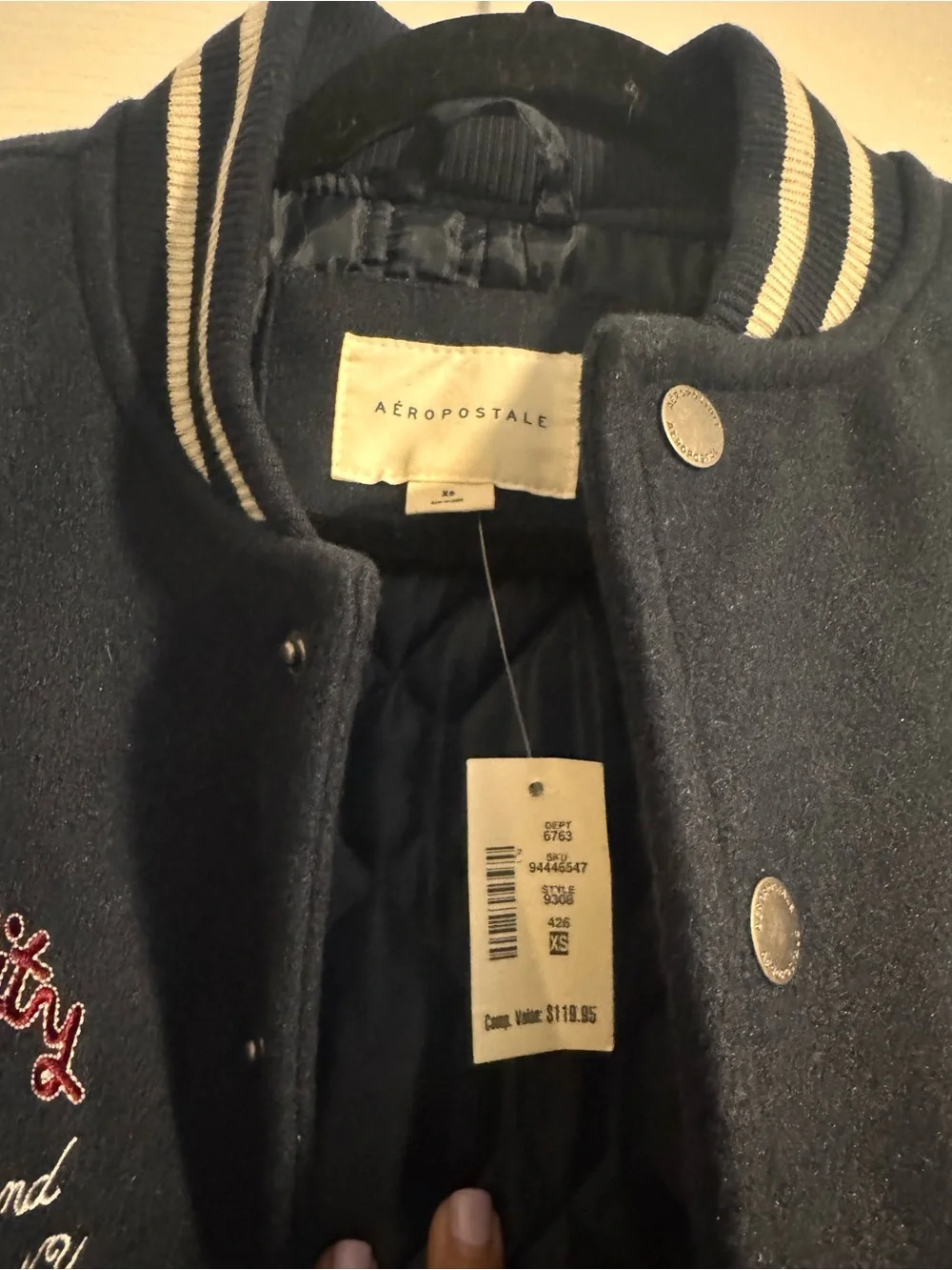 Aeropostale Navy and Cream Varsity Jacket with Red 'A' Patch